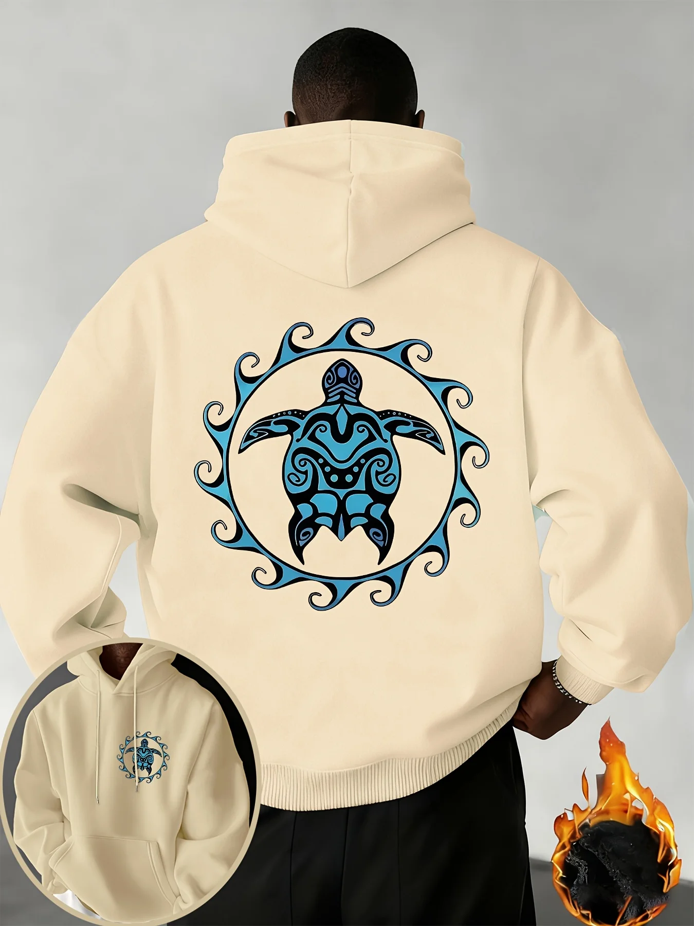 New Turtle Print Trend Fashion Men Hooded Sweatshirt Autumn Winter Daily Outdoor Sports Loose Fitness Leisure Warm Street Style