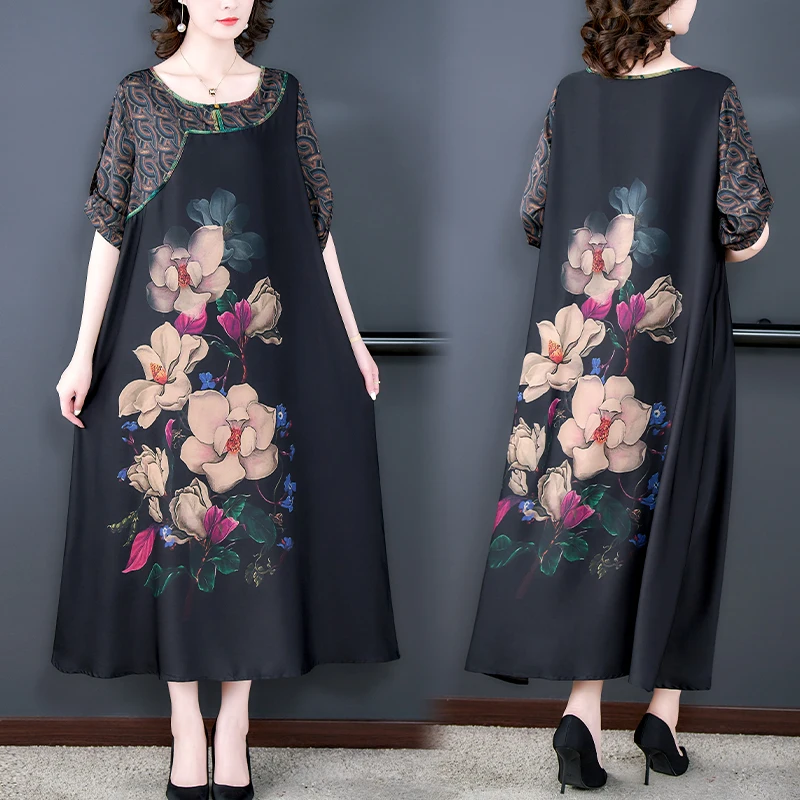 2024 Women's Dress Silk Flower Print Retro Ladies Long Dress Loose Large O-Neck Thin Summer Slim A-line Dress Bohemian Robe