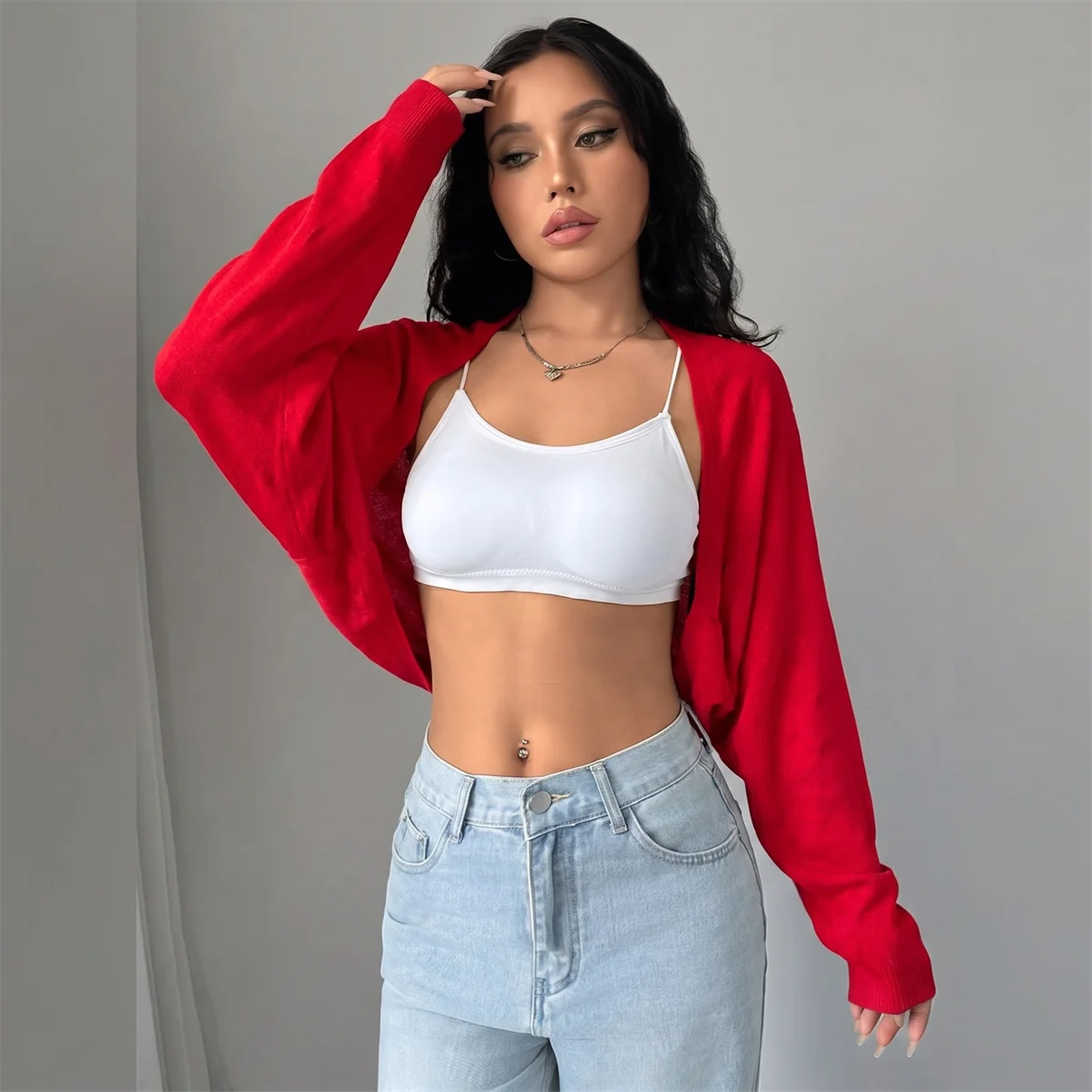 Simple Solid Color Slub Cotton Batwing Sleeve Bolero Shawl For Women Lightweight Cropped Shoulder Wrap For Daily Layering