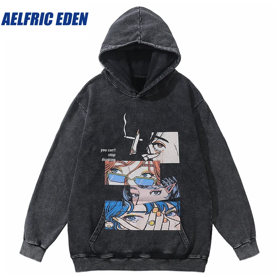 

Aelfric Eden Black Smoking Cartoon Hoodie Sweatshirt 2023 Hip Hop Oversized Harajuku Japanese Anime Graphic Men Hooded Pullover