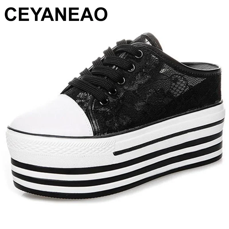 

9CM Summer Women Mesh Lace Casual Shoes Flat Platform Wedge Shoes Height Increasing Hollow Hole Breathable Sneakers Slippers