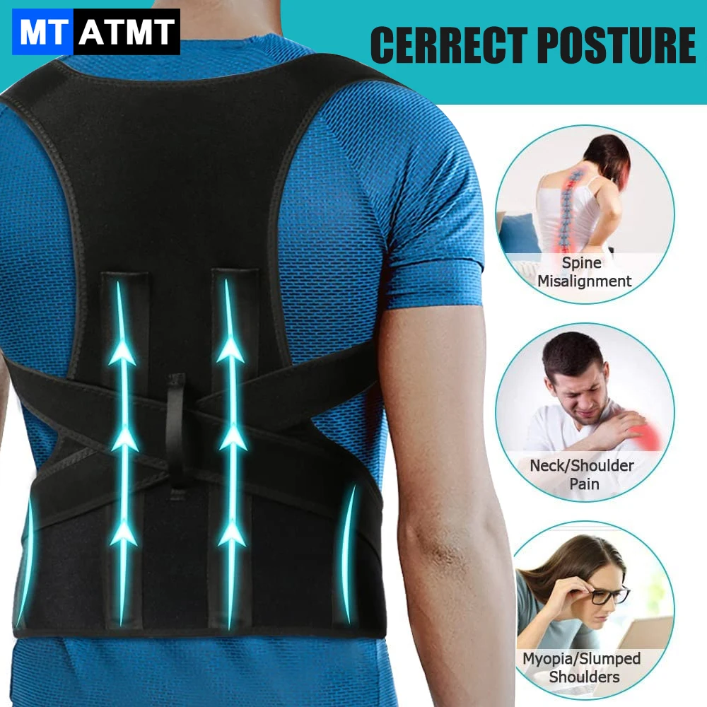 MTATMT 자세 교정기 여성 남성 조절 가능한 등받이 교정기, 요추, 목, 어깨, 쇄골, 등의 통증 완화. 