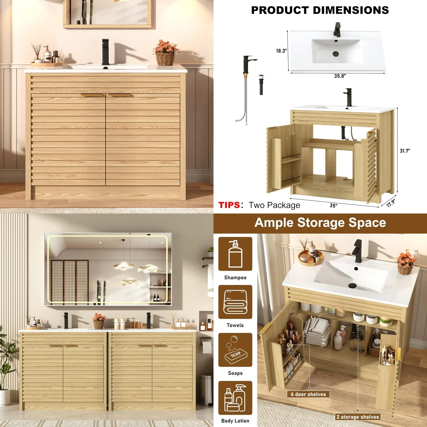 

36in Mid-Century Bathroom Vanity Sink Storage Cabinet Freestanding Door Shelves Faucet Light Oak, Customized
