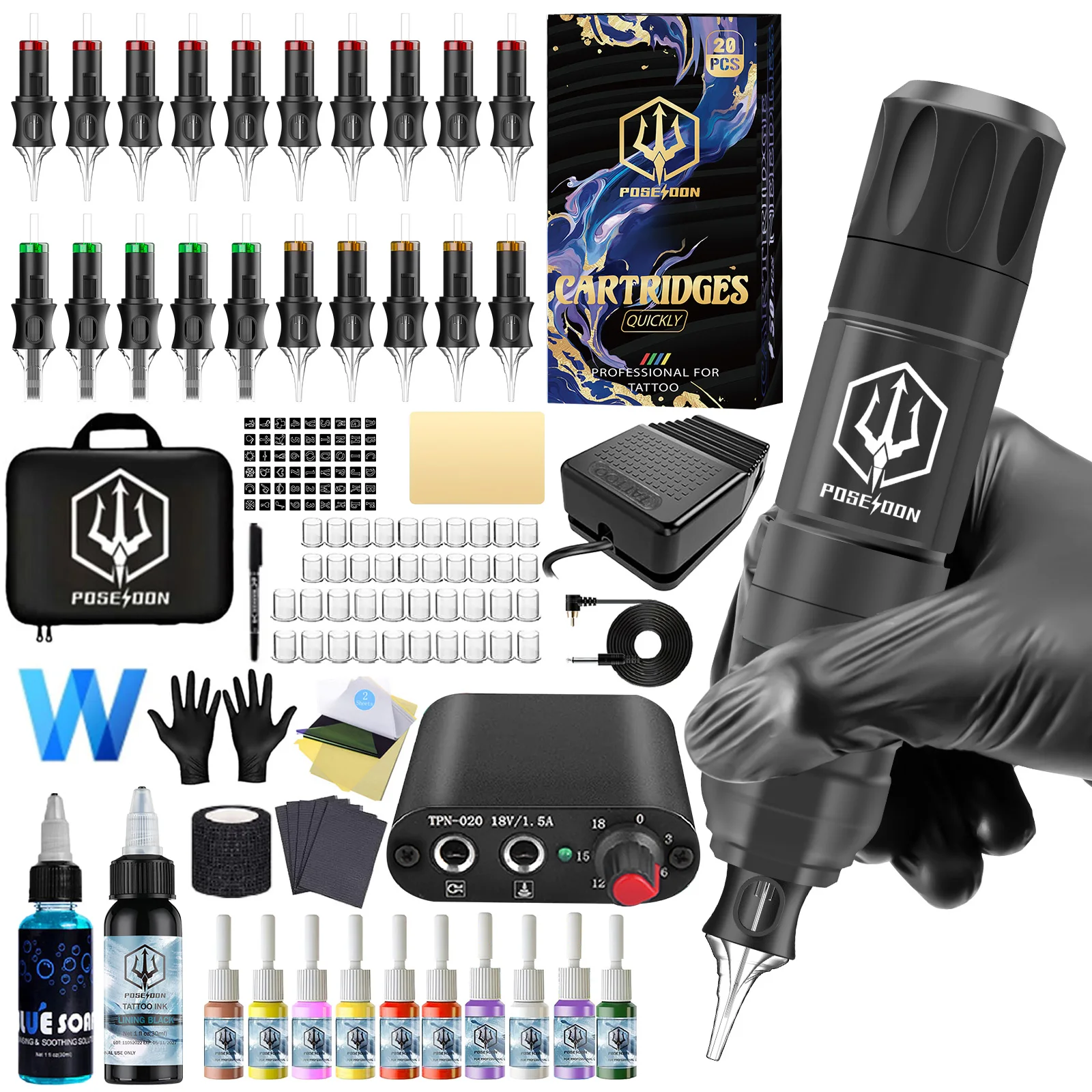 Tattoo Kit POSEIDON V5 New Tattoo Pen Kit For Permanent Makeup Tattoo Machine Kit High Quality Tattoo Power Supply Tattoo Gun Ki