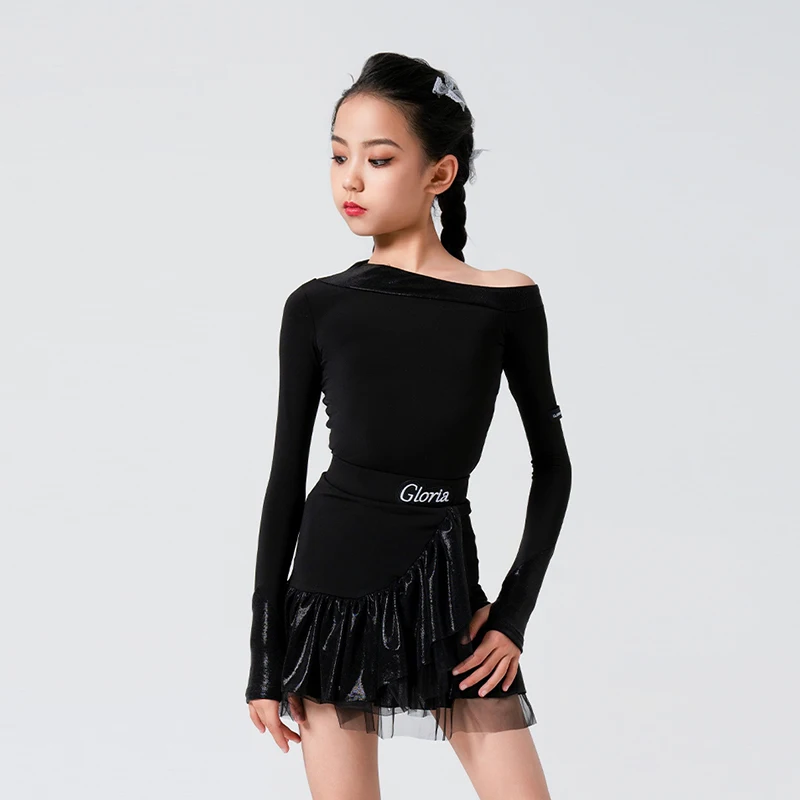 2024 Girl Latin Samba Dance Clothes Children Black Slanted Shoulder 2 Piece Suit Practice Dance Dress Line Dance Clothing XH882