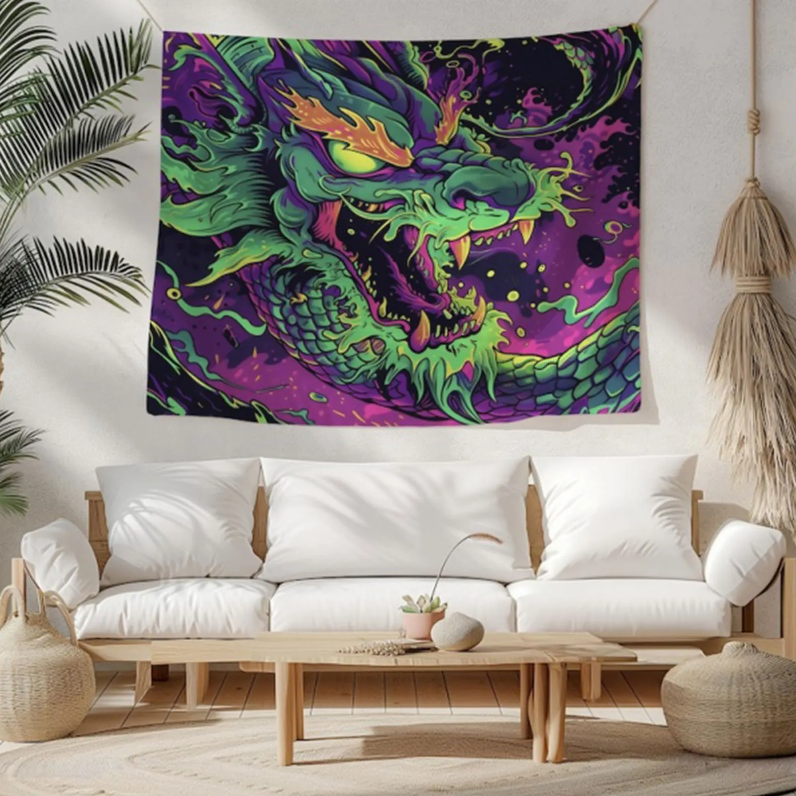 

Wild Neon Dragon Tapestry Rad 90s Mural Vibrant Purple and Green Wall Hanging Cyberpunk Style Graffiti Decoration