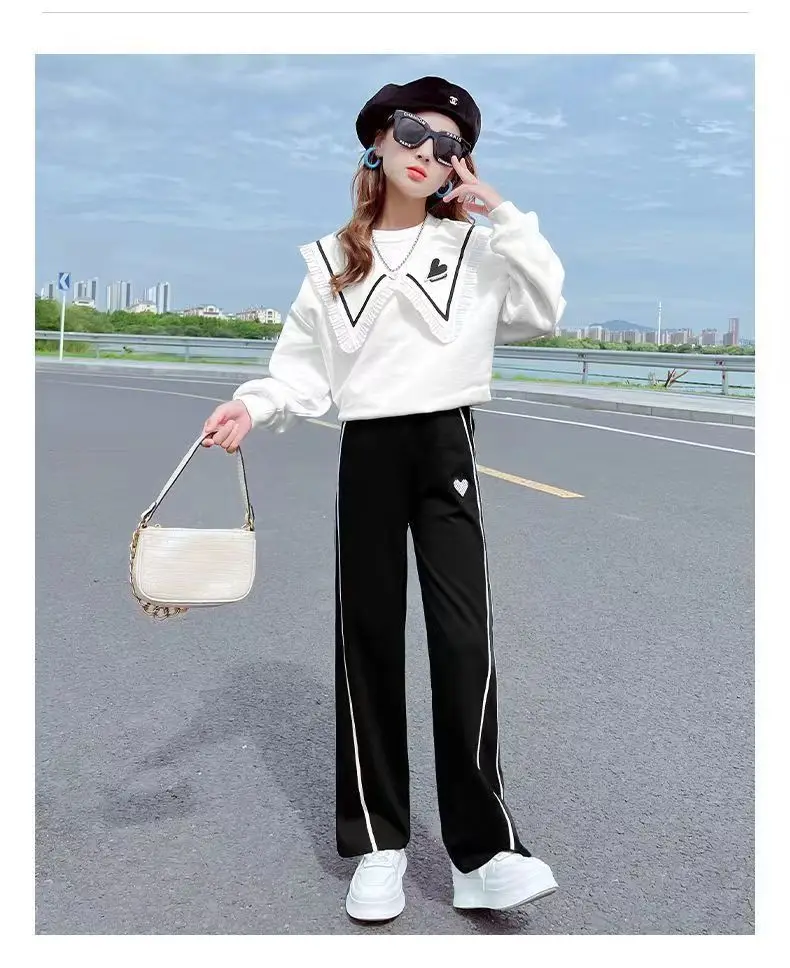 New Fashion Girls Clothing Sets Autumn Kids Long Sleeve T-shirts + Wide Leg Pants 2PCS Children\'s Clothes Teenage 6 8 10 12 15 Y