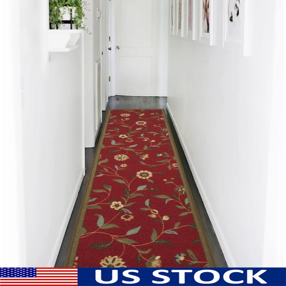 

Contemporary Floral Runner Rug Durable Nylon Non-Slip Backing Stain Resistant Low Pile Indoor Heavy Traffic Areas