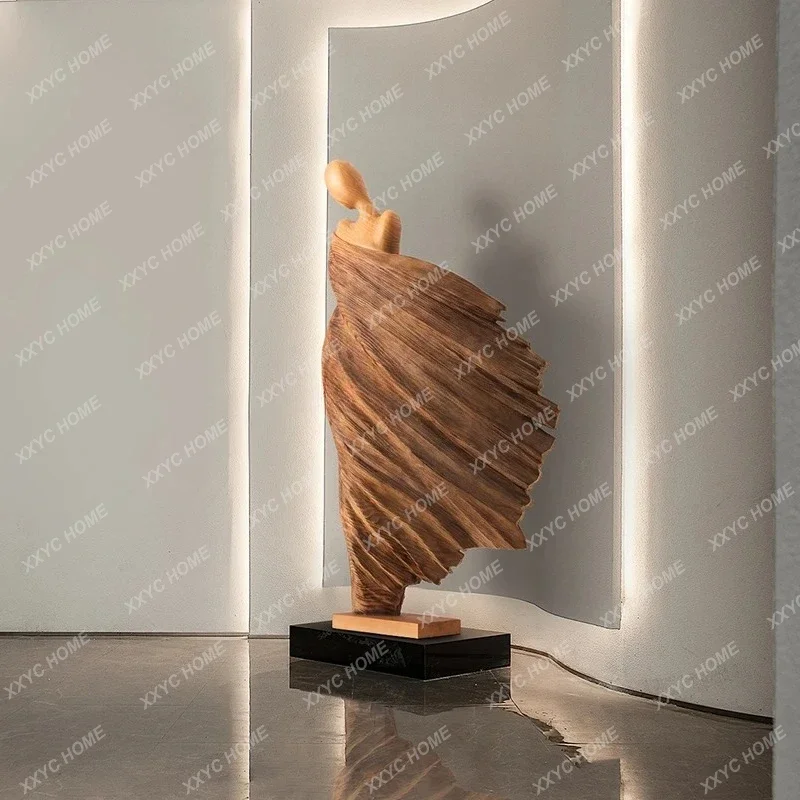 A  Large wood carving Muse Like floor-to-ceiling ornaments Villa Clubhouse Abstract figure Sculpture Artwork