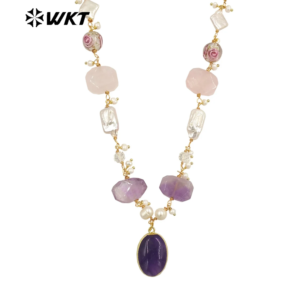 WT-JN240  WKT 2025 Bohemia Stone&Pearl Gold Plated Necklace Retro Trend Jewelry 21Inch Long Chain Celebration