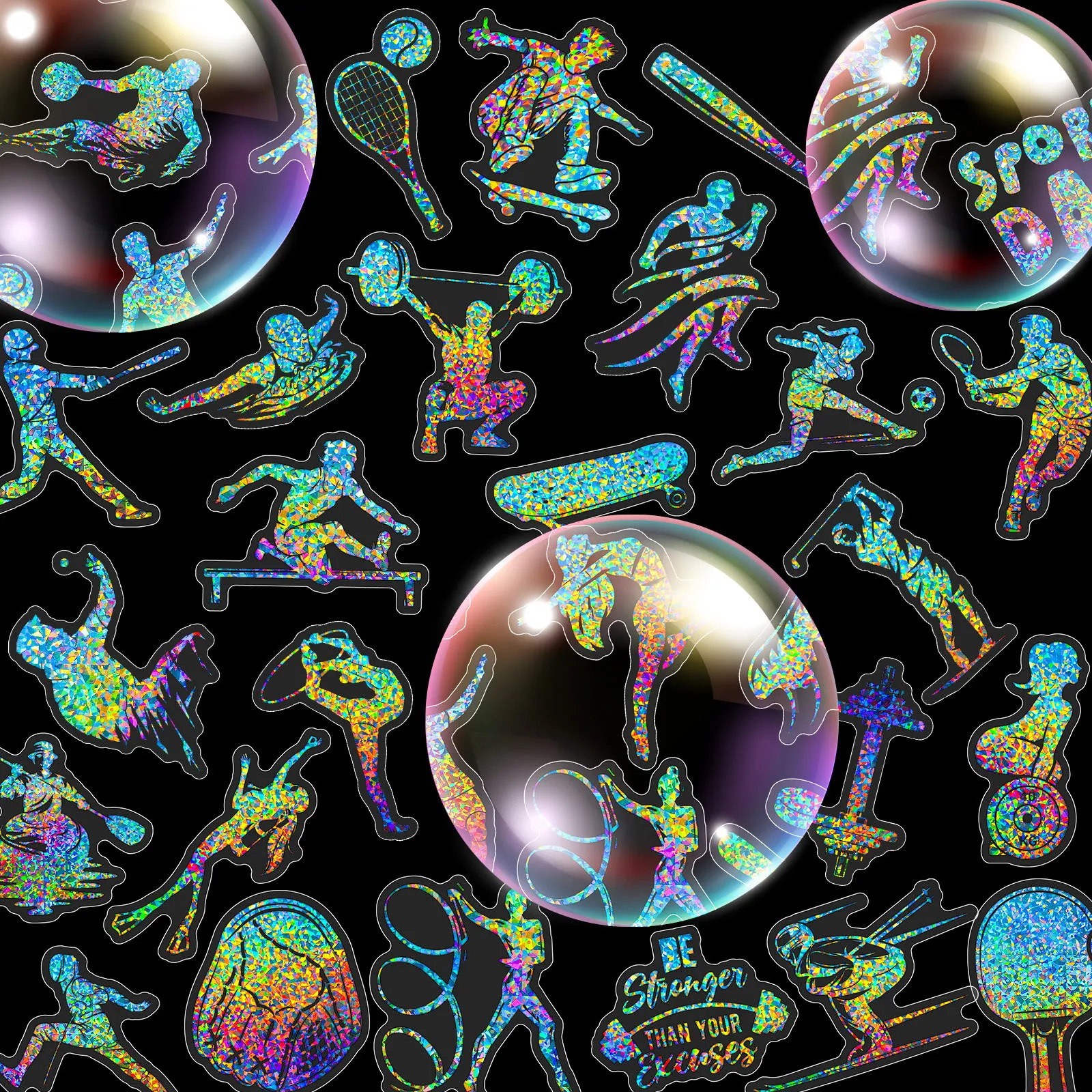 50 Pcs Silver Laser Sports Style PET Stickers Decorating Luggage Water Bottles Stickers