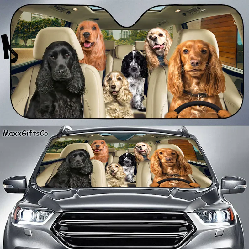 Cocker Spaniel Car Sun Shade, Cocker Spaniel Windshield, Dogs Family Sunshade, Cocker Spaniel Car Accessories, Cocker Spaniel Lo