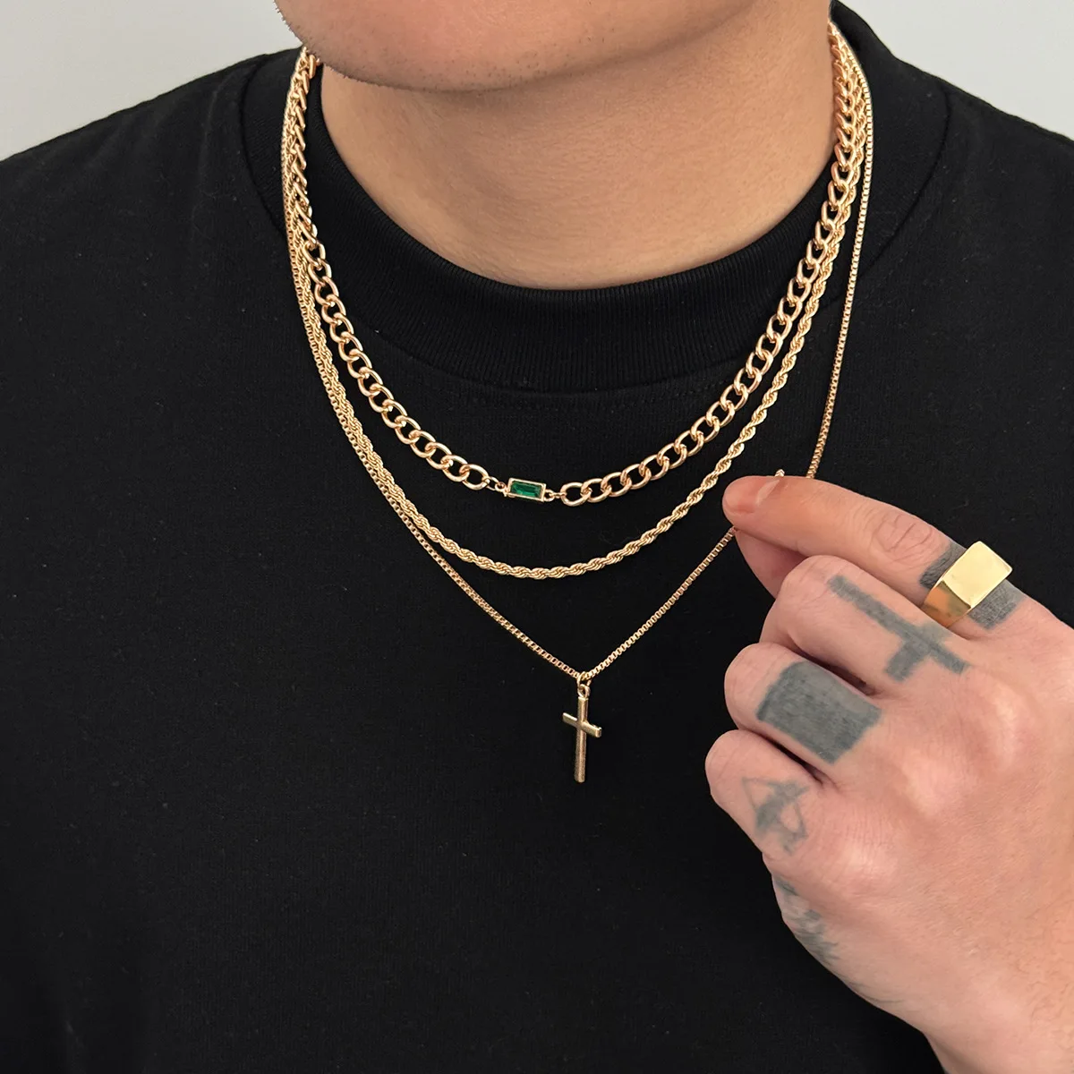 Fashionable diamond studded necklace, men's hip-hop high-end feel, cross-border men's cross pendant, collarbone chain accessory