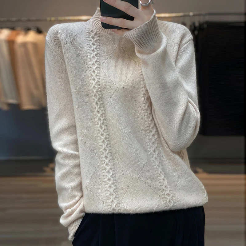 Women's Solid Color Sweater Autumn and Winter Half Turtleneck Vertical Rhombus Fashion Warm Knitted Versatile Korean Sweater