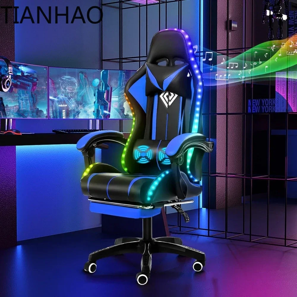 Game Chair with Speakers Massage Computer Gaming Chair with LED Lights and Footrest