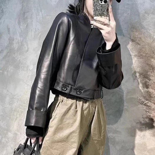 Modne, prawdziwe skórzane kurtki damskie z dekoltem w serek, z wykończeniem na mankietach, z wysokim stanem, codzienna odzież wierzchnia w stylu europejskim...