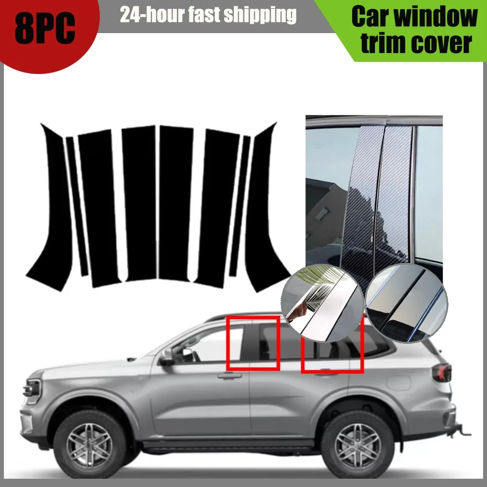 8Pcs Glossy Black Pillar Post For Ford Everest 2015-2022 Car Door Window Center Middle Column B C  Mirror Effect Cover Trim