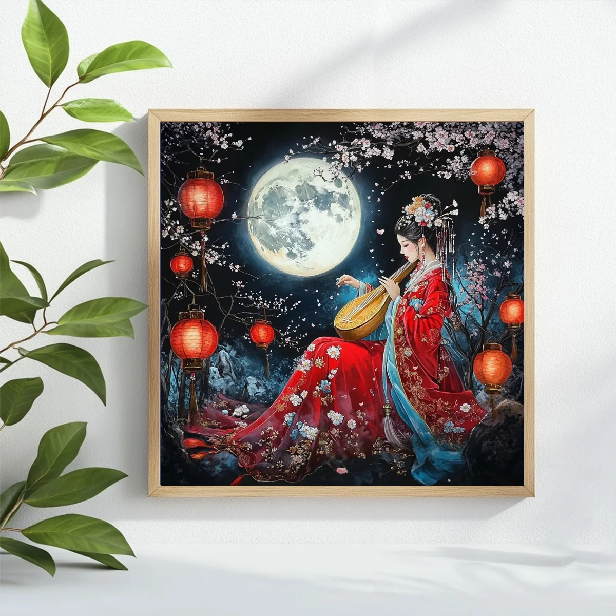 1pc 40X40CM/15.74inch A Woman Was Playing the Pipa Under the Flowers and Lanterns Cross Stitch Kit DIY Kit 11CT/14CT