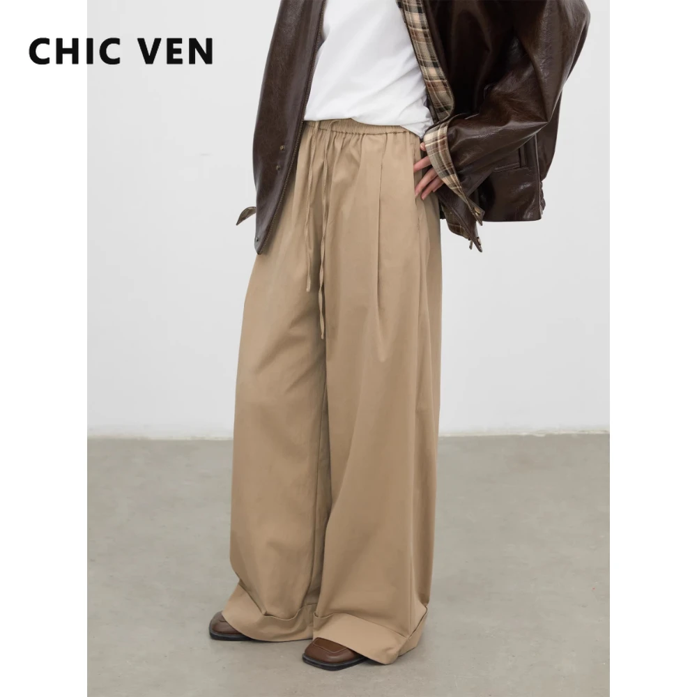 

Женские брюки CHIC VEN: однотонные, свободные, повседневные, винтажные, с эластичным поясом на шнурке, плиссированные, костюмные, весна-осень 2026
