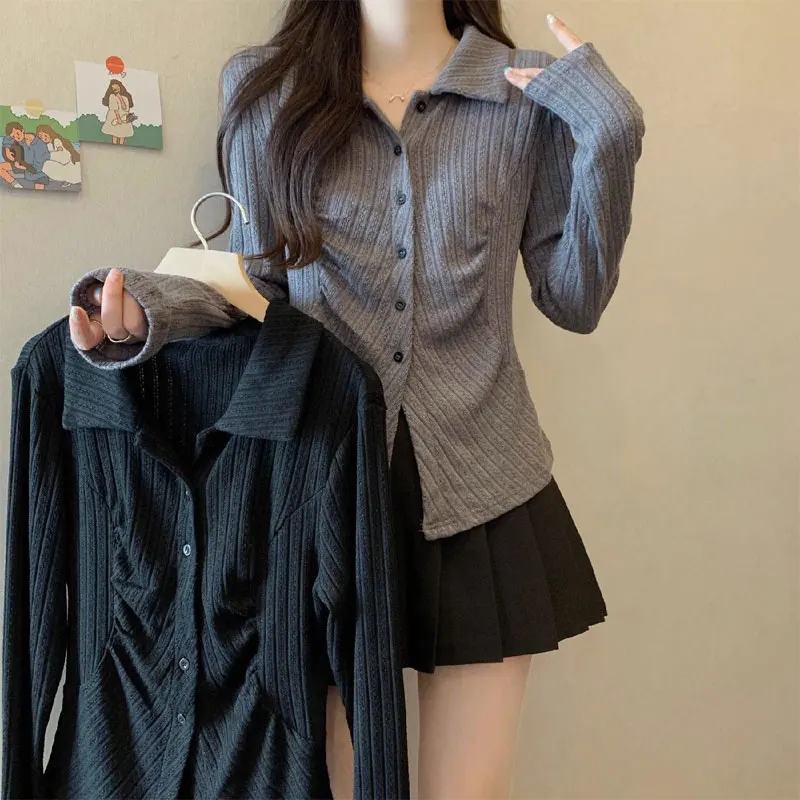 

Korean Stylish Slim Folds Blouse Spring Autumn Polo-Neck Basic Women's Clothing Casual Solid Color Commute Single-breasted Shirt