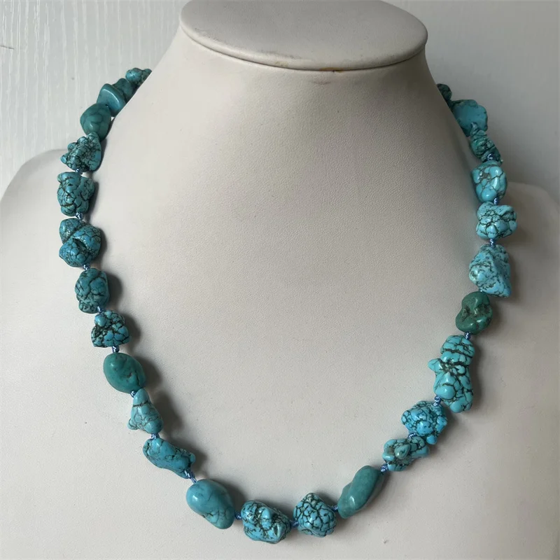 8-10-12MM Blue Nugget Turquoise Necklace Natural Stone Irregular Knot Chocker Beads Mother Daughter 40/45/50/55cm