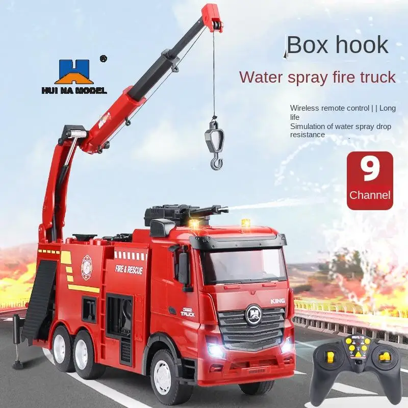 Huina Rc Truck 1:18 Remote Control Cars 9Ch Ladder Fire Truck Led Light Water Spray Eletric Toy Rescue Engineering Car Toys Boy