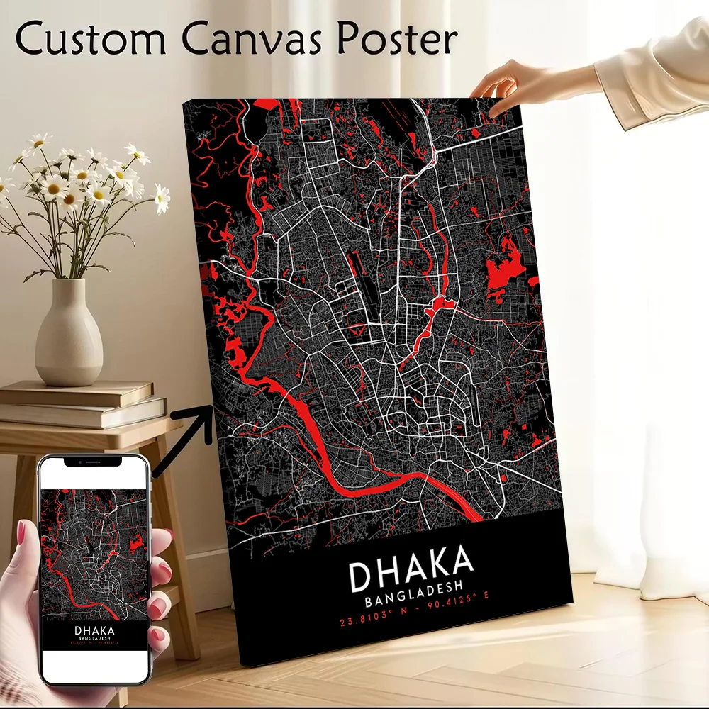 Póster de lienzo con mapa de Dhaka, imágenes personalizables, impresión para habitación, decoración moderna para el hogar, decoración de baño, lujo