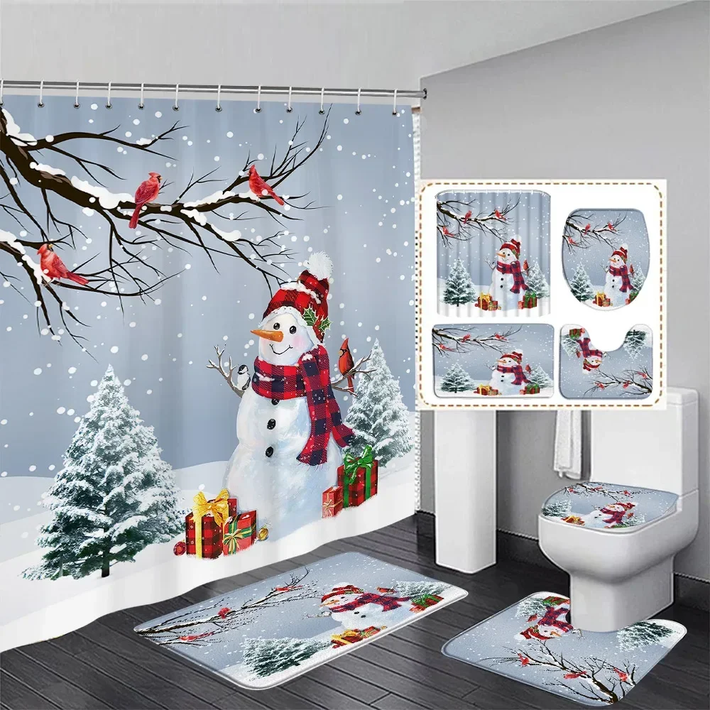 Merry Christmas Shower Curtain Set Funny Snowman Cedar Bird Winter Forest New Year Bathroom Decor Door Rug Bath Mat Toilet Cover