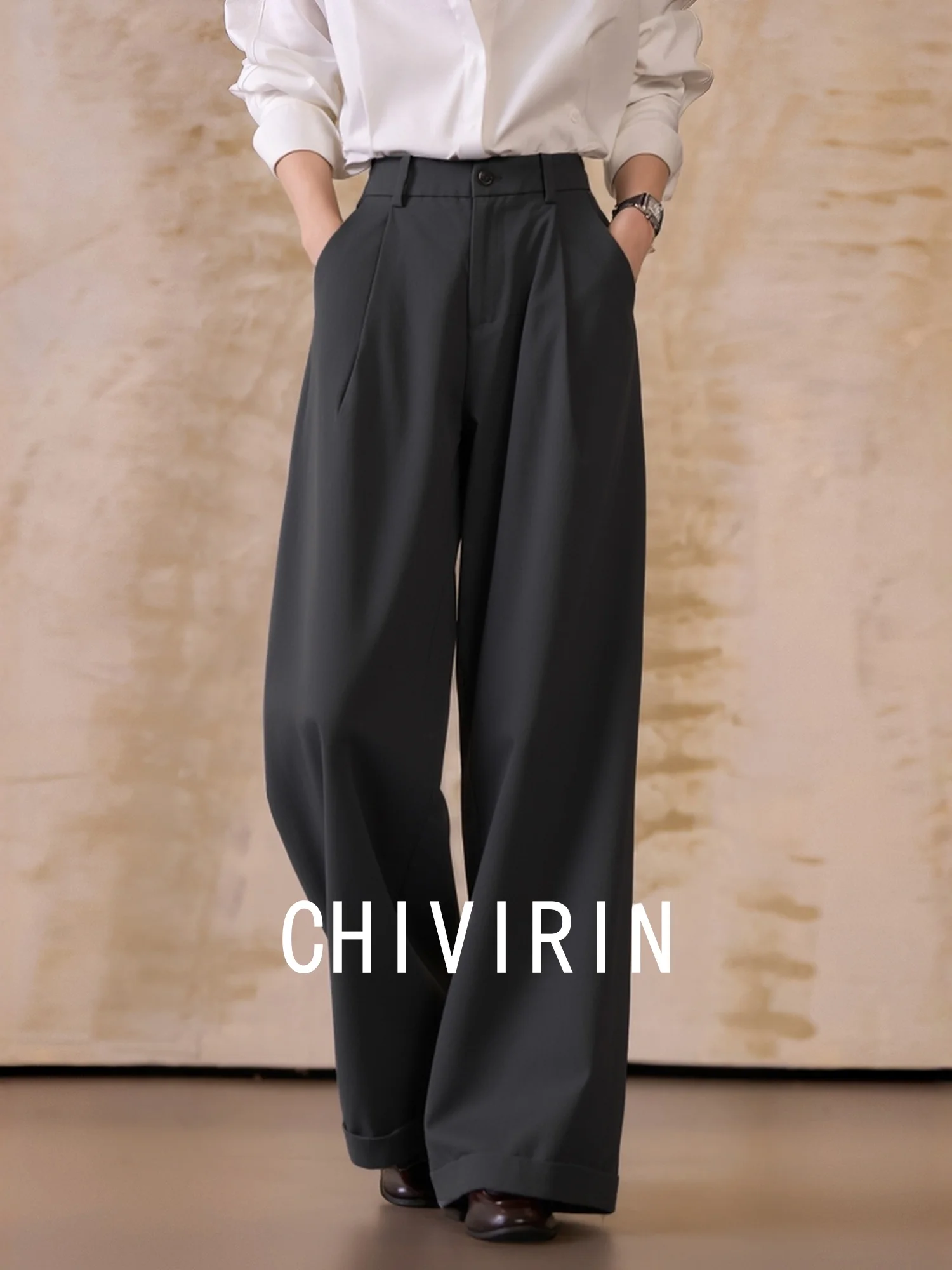 

Женские брюки Chivirin с высокой талией, прямые, свободные, повседневные, универсальные, широкие, струящиеся, костюмные, осенне-зимние, новинка