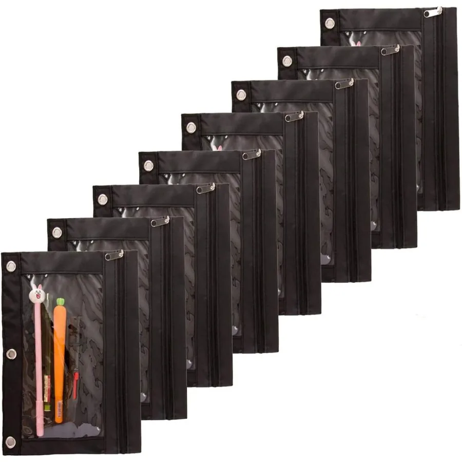 

Zippered Binder Fabric Peil Pouch 3 Rings with Clear Window for School Classroom Organize 8 Pack Black