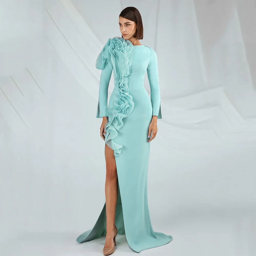 

Customized O-Neck Long Sleeves Evening Dresses Elegant Formal Occasion Prom Gowns 2025 Thigh Slit Floor Length Prom Dresses