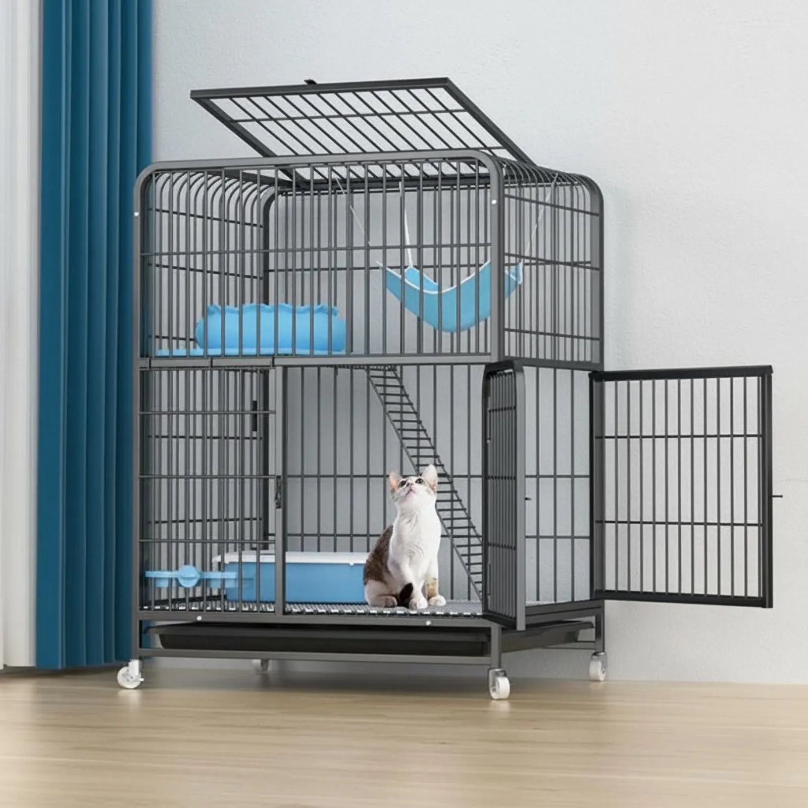 

Multi-Level Indoor Cat Enclosure with Litter Box