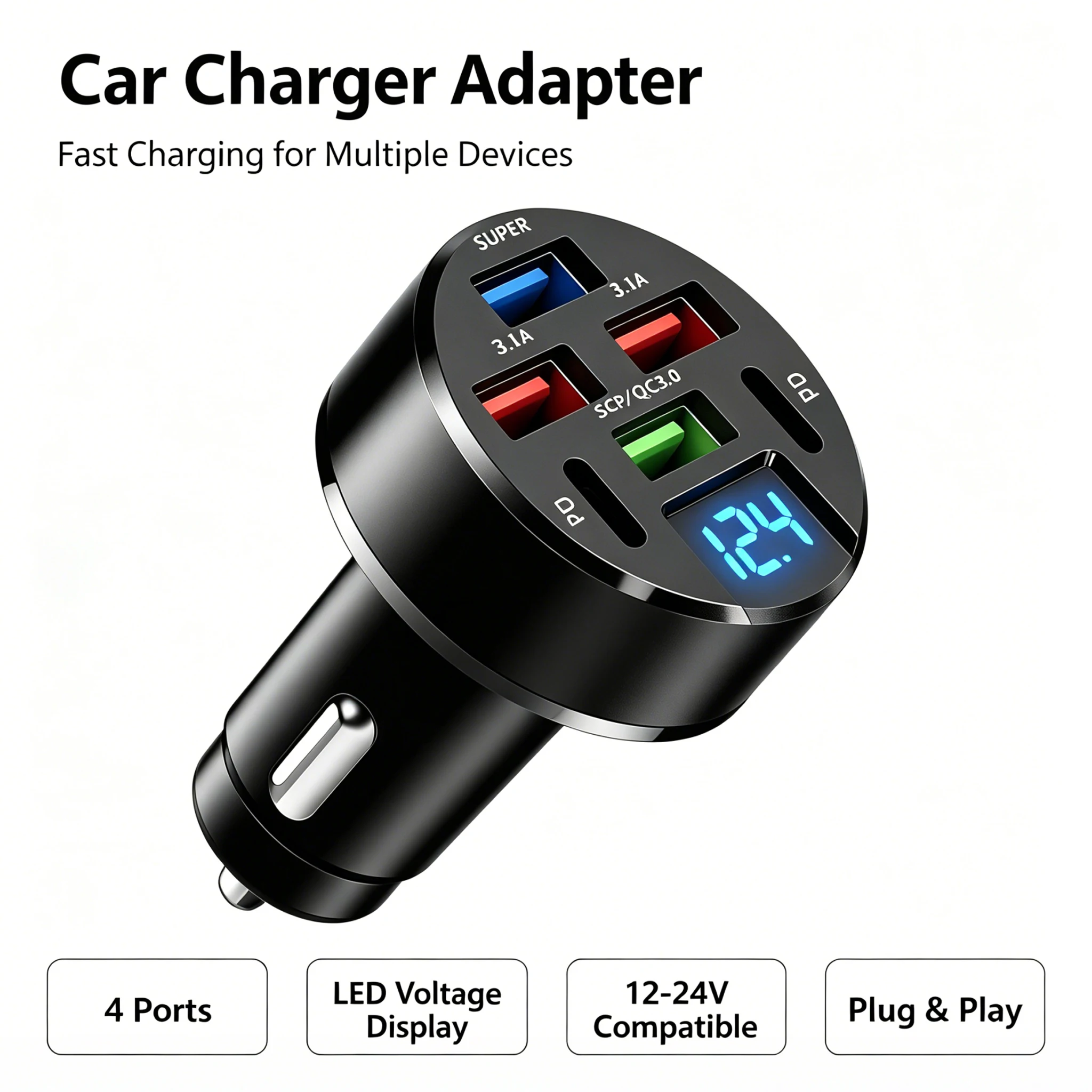New 6-Port Pd Usb 3.1A Qc3.0 Car Cigarette Lighter Charger 12V/24V Real-Time Voltage Display Super Fast Charging Adapter