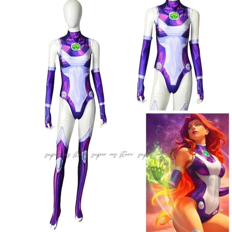 Starfire Teen Cos Titans Superhero Jumpsuit Zentai Bodysuit Halloween Anime Cosplay Costume Sexy Women Carnival Party Outfits