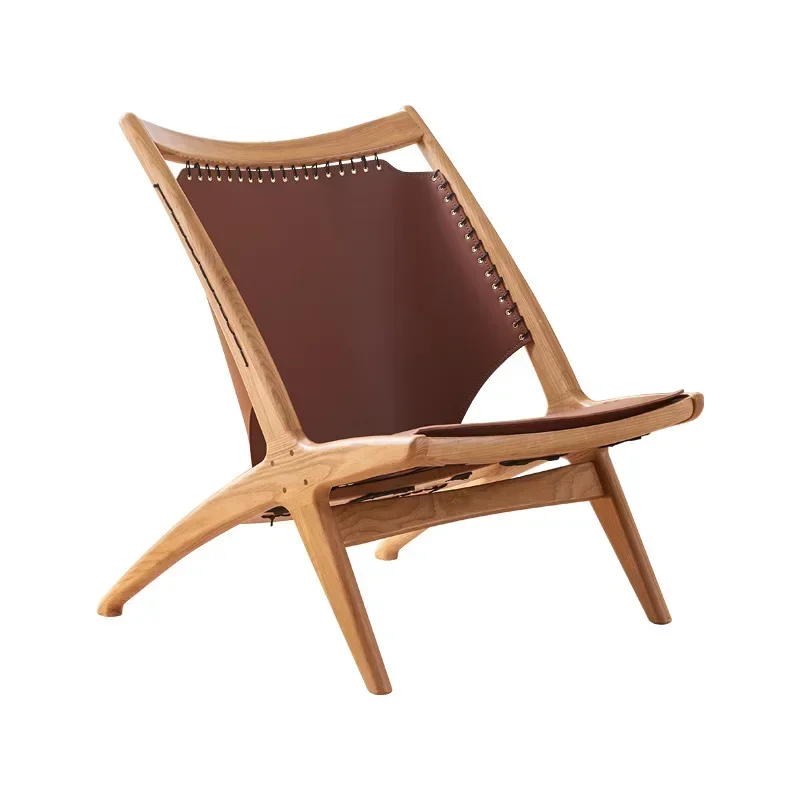Solid wood leisure living room saddle leather designer sofa chair,  bed and breakfast Internet celebrity lounge chair