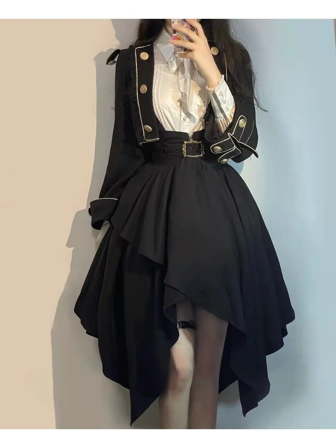 Japan Girl's Handsome Military Uniform Lolita Style Black Short Coat + Stand Collar White Shirt + Irregular Hem Mid-Length Skirt
