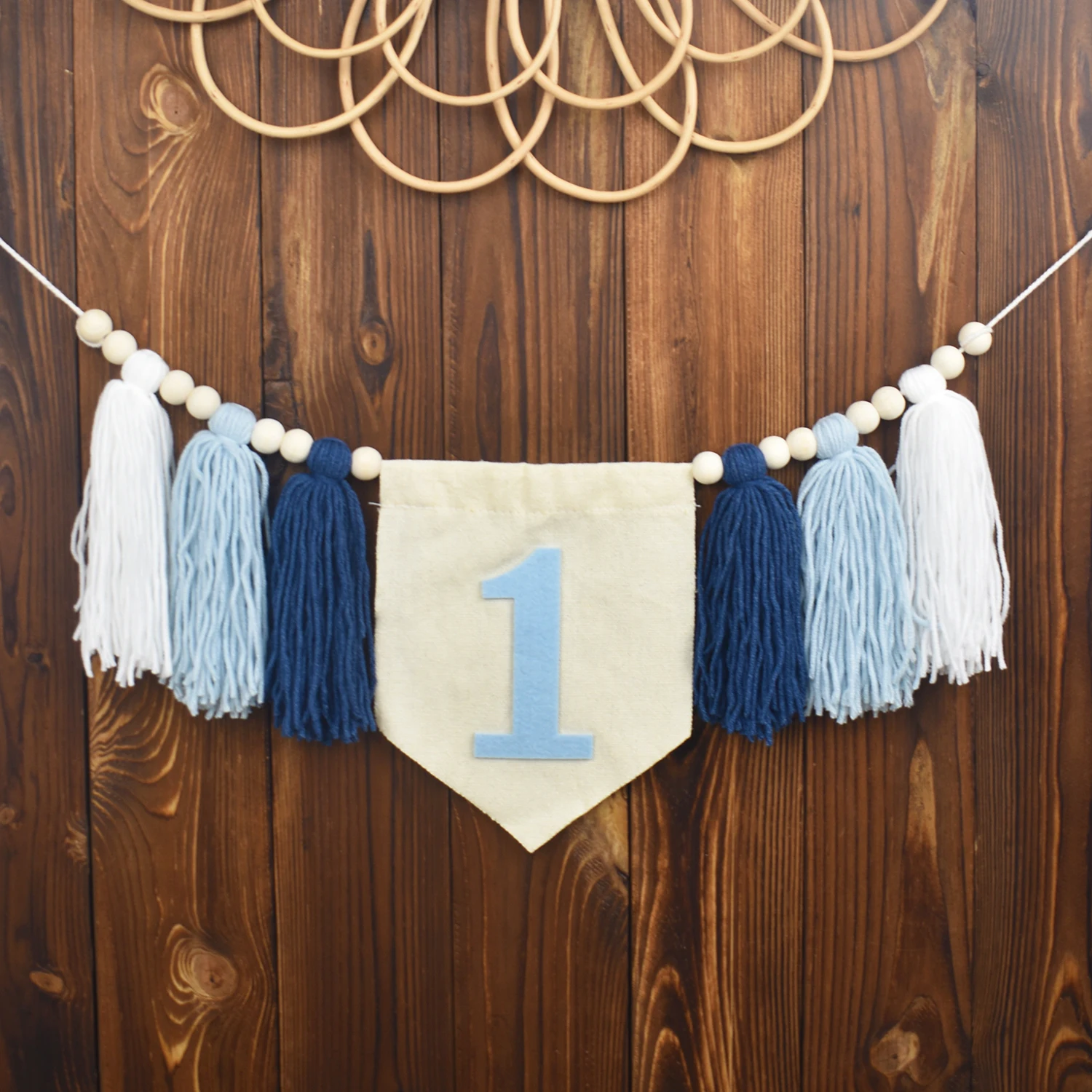 1st Birthday High Chair Banner Blue Birthday Party Decorations For Children Handmade Wooden Bead Tassel Garland Photography Prop