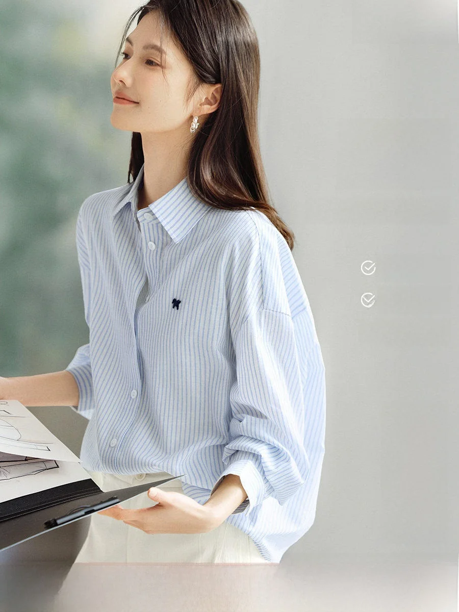 

Ele Blue Striped irt Women's Loose Fitting Slimming Spring 2026 New Sle XWI Ladies' Busin Casual Faion