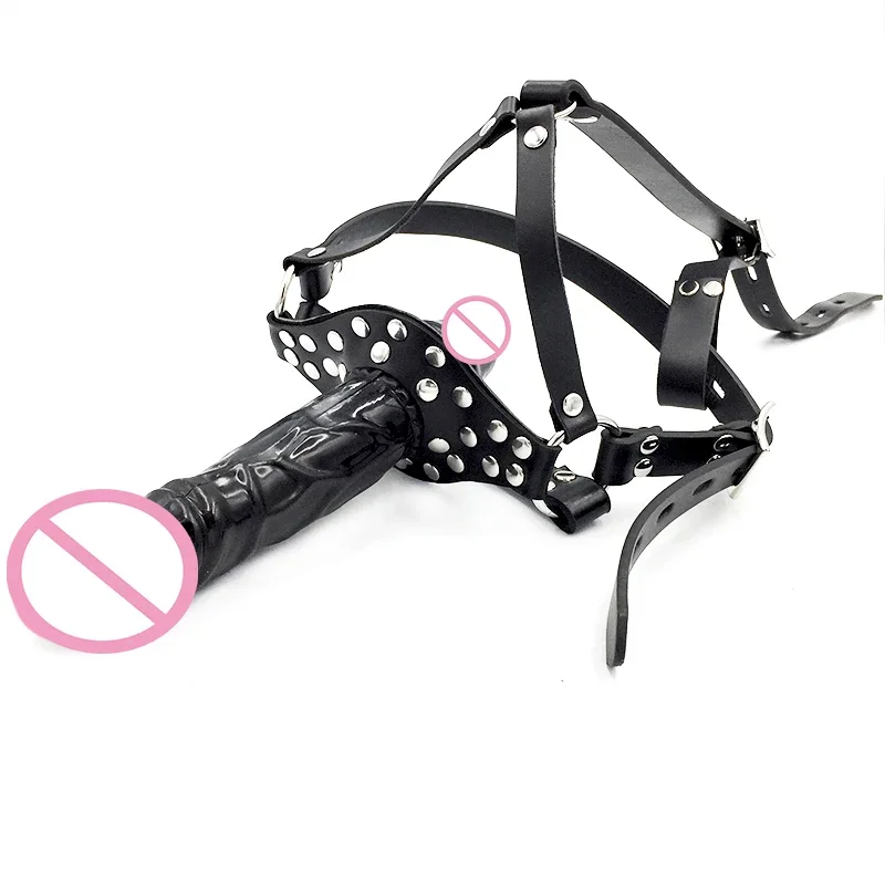 Double-Ended Dildo Pushpin Mouth Gag Deep Throat Plug PU Leather Head Harness Soft Spandex Head Hood Mask BDSM Game Sex Toys