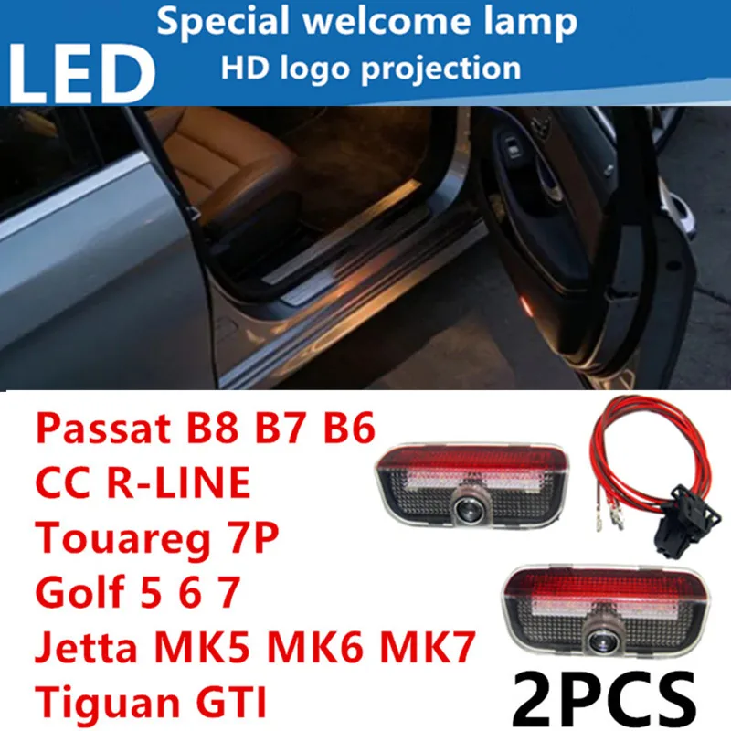 

2PCS For VW Passat B6 B7 B8 B9 Touareg Golf 5 6 7 Jetta MK6 MK7 GTI R Logo Car LED Decorative Door Light Welcome Projector Lamp