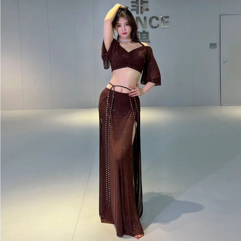 Trajes de dança do ventre mocha personalizados, conjunto de roupas de prática de malha, vestido de classe, top + saia (saia vem com calças de segurança)