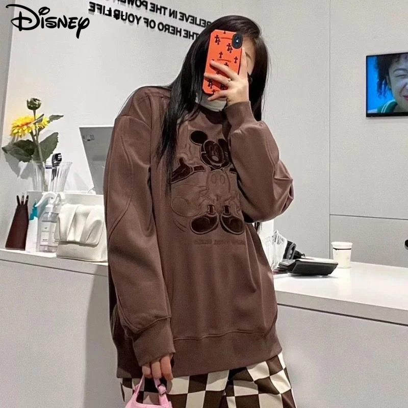 Imagem -04 - Disney-mulheres Mickey Mouse Algodão Bordado O-neck Moletons Moda Casual Pullovers Brand Clothing Top Nova Chegada