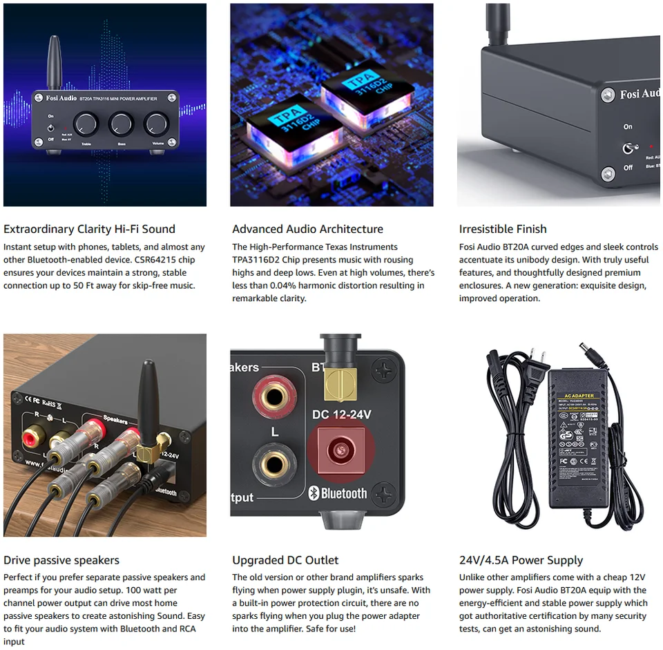 Fosi-デジタルオーディオパワーアンプ,Bluetooth 5.0,2x100W,ミニhifi