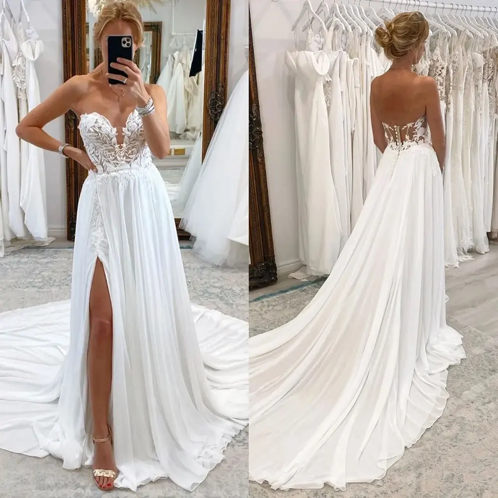 Boho eine Linie Brautkleider Frauen V-Ausschnitt rücken freie Spitze Schatz Wed Kleider fegen Zug Oberschenkel Schlitz Designer Brautkleider