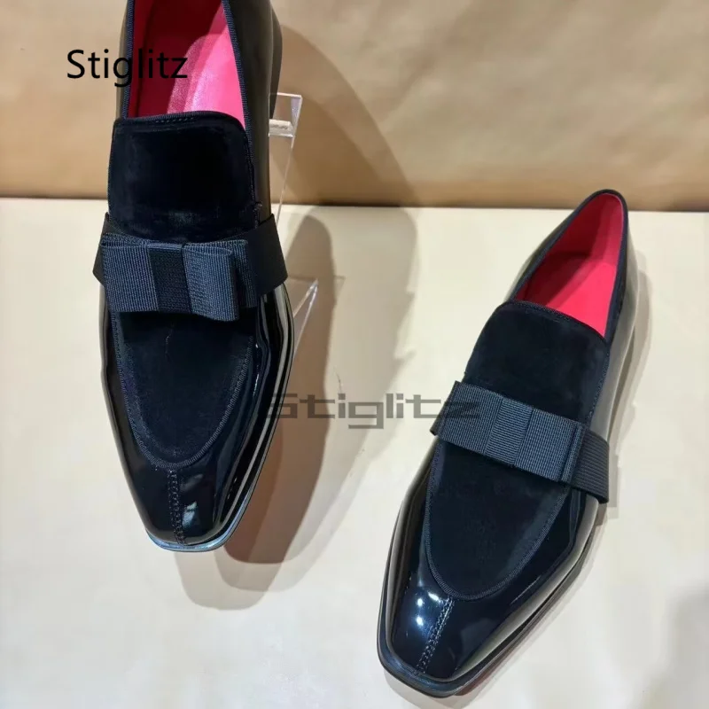 Men's Genuine Leather Shoes Bow Knot Strap Decor Fashion Black Slip On Dress Business Men Shoes New In Loafers Male Shoes