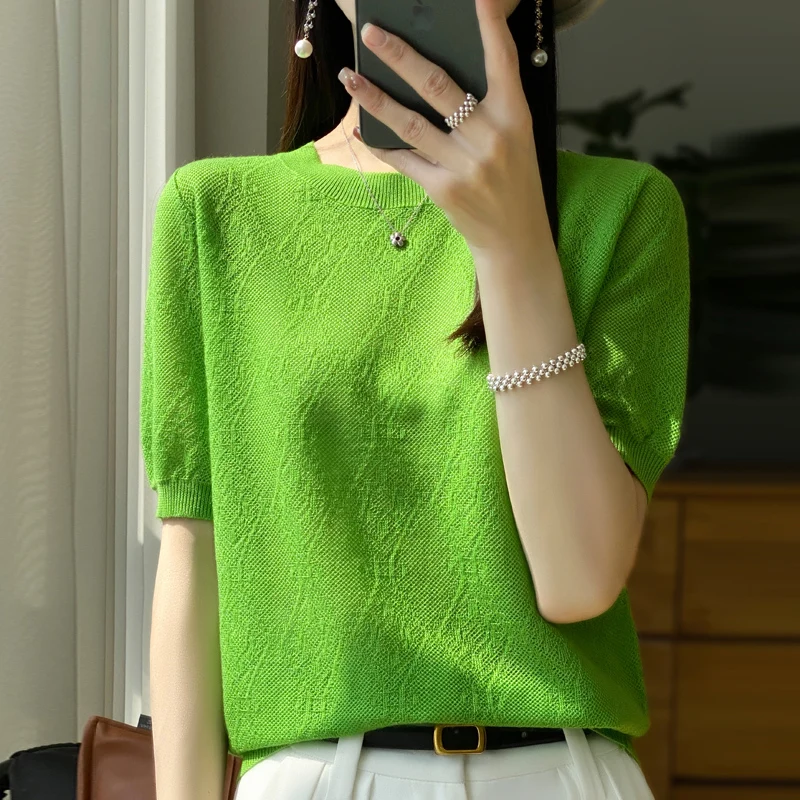 23Summer new 100% wool worsted women's short-sleeved heavy industry exquisite pattern women's bottoming crocheted sweater thin