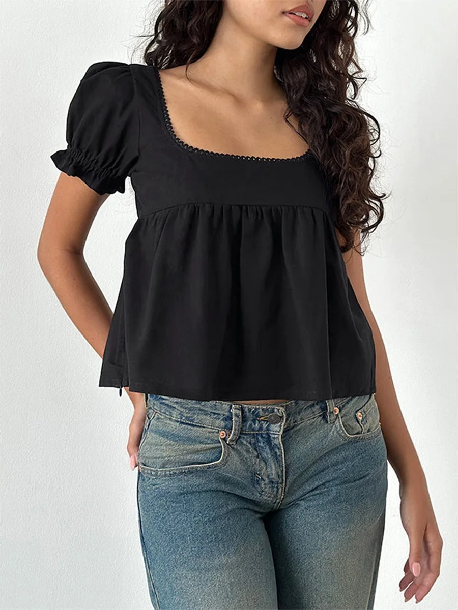 Ladies Short Sleeve Tops Square Neck Blouses Solid Color Summer Fashion Casual Shirts Streetwear Chic Style