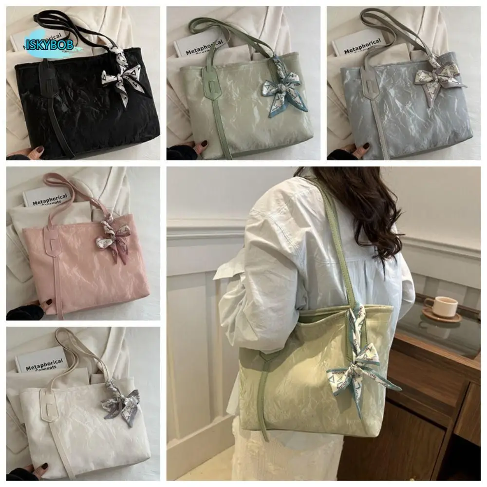 

Simple With Silk Scarf PU Leather Handbag Korean Style Purse Tote Bag Large Capacity Underarm Bag School Bag Dinner
