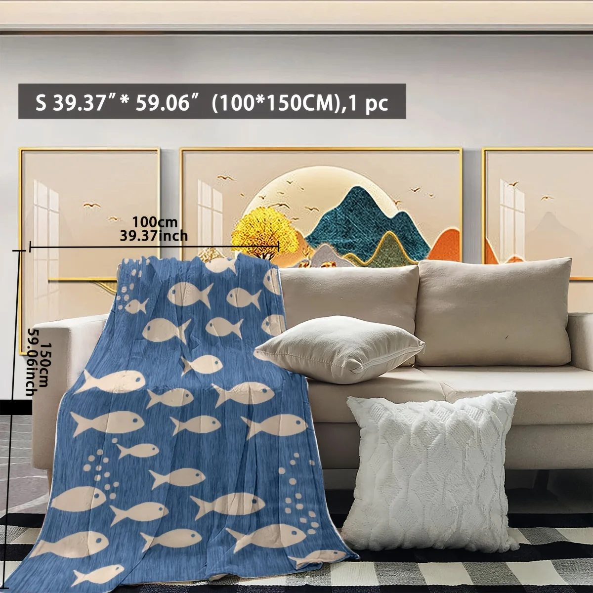 Modern Nautical Fish Bubble Throw Blanket, Blue Texture Sea Animal Warm Blanket for Couch Trip Household Coastal Room Decor
