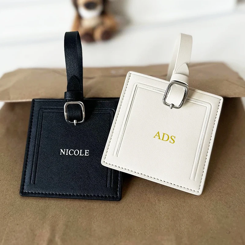 Engraving Travel Genuine Leather Square Luggage Tag Custom Name Luxury Round Suitcase Label Woman Handbag Charm Pendant Gift